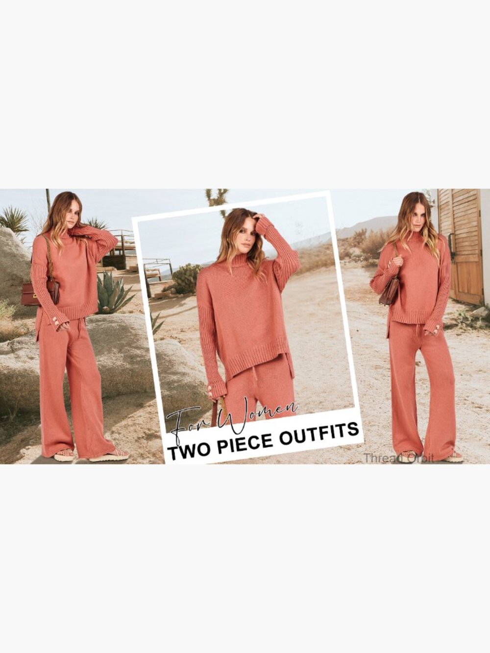 Soft Knit Sweater Set Turtleneck Top Wide Leg Pants Lounge Outfit - Picture 7 of 7